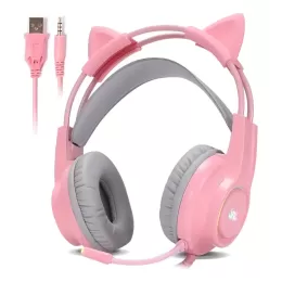 Headset Gamer Gatinha Rgb  Rosa